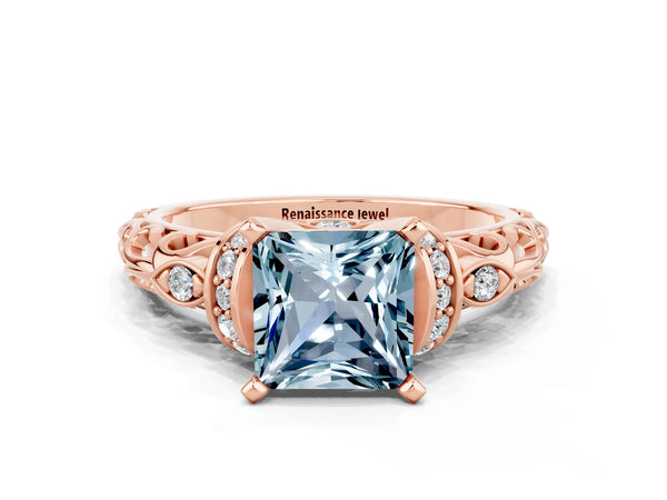 Rose gold Princess Cut Aquamarine Solitaire Ring with Filigree Band and Four-Prong Setting