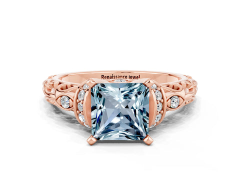Rose gold Princess Cut Aquamarine Solitaire Ring with Filigree Band and Four-Prong Setting_36