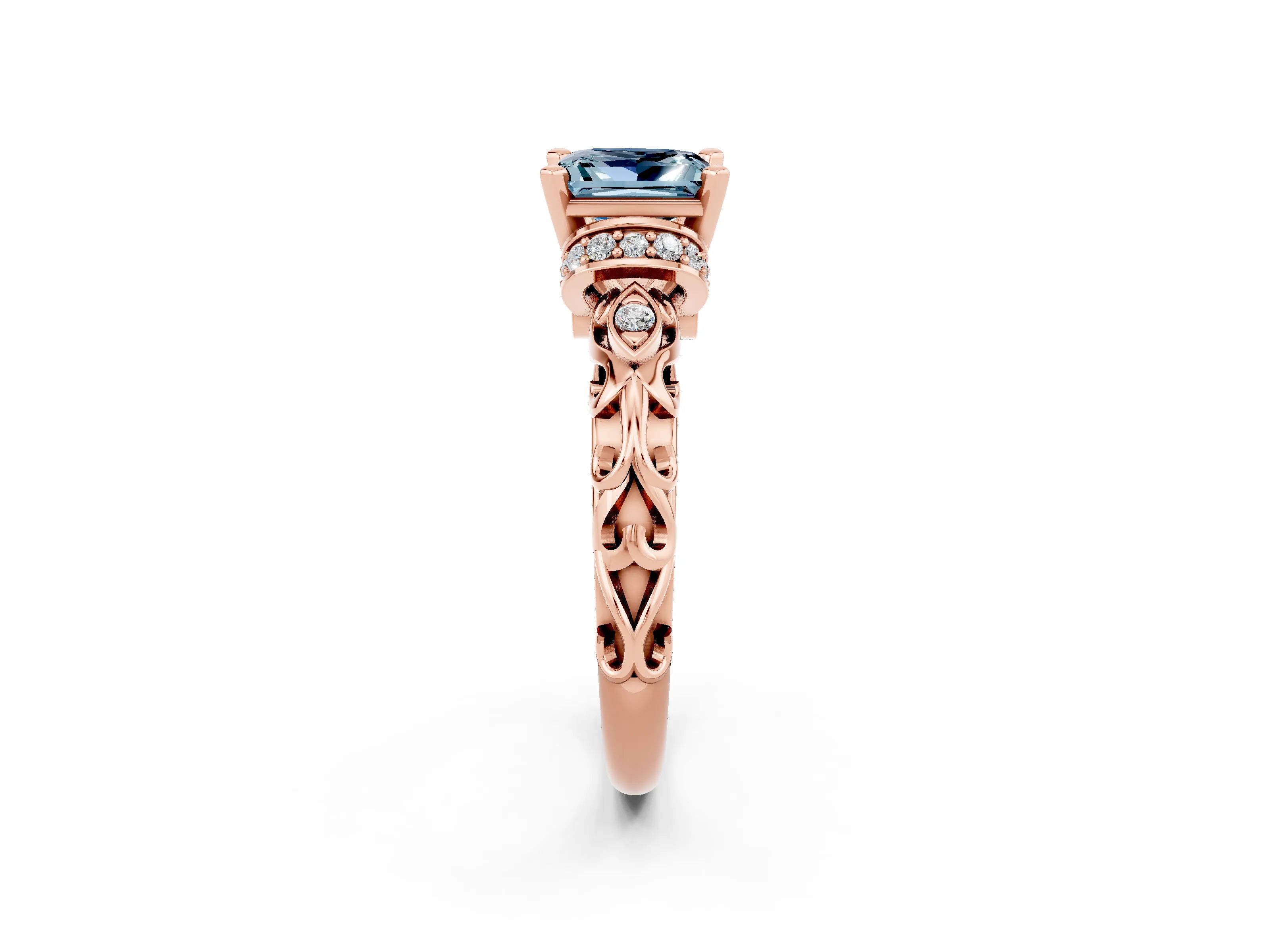 Rose gold Princess Cut Aquamarine Solitaire Ring with Filigree Band and Four-Prong Setting_38