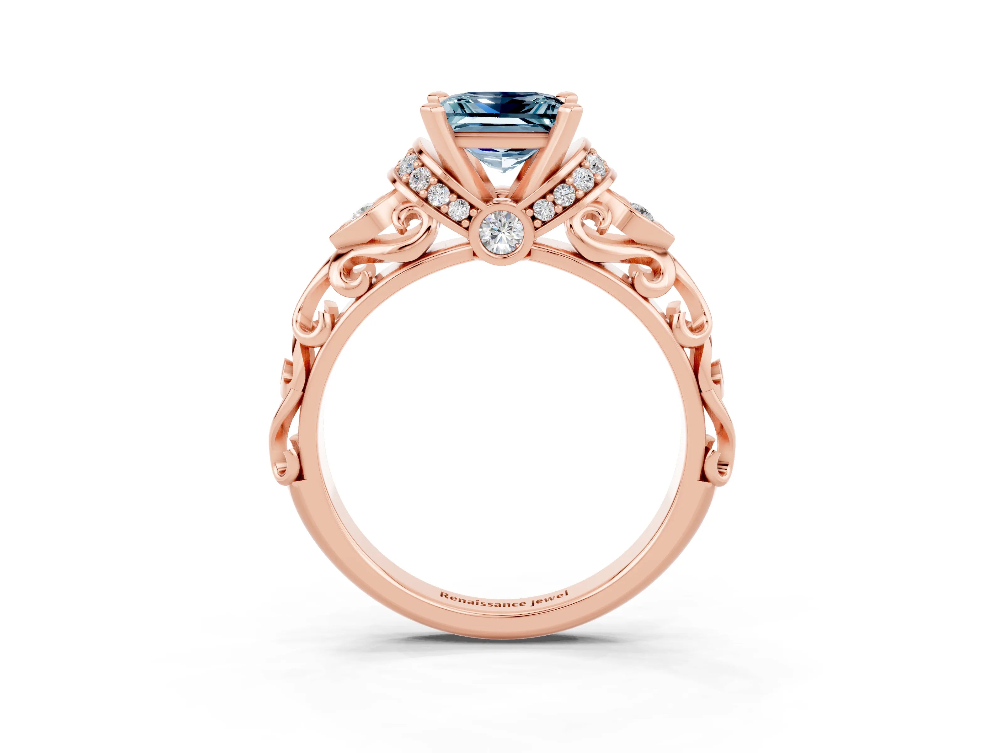 Rose gold Princess Cut Aquamarine Solitaire Ring with Filigree Band and Four-Prong Setting_39