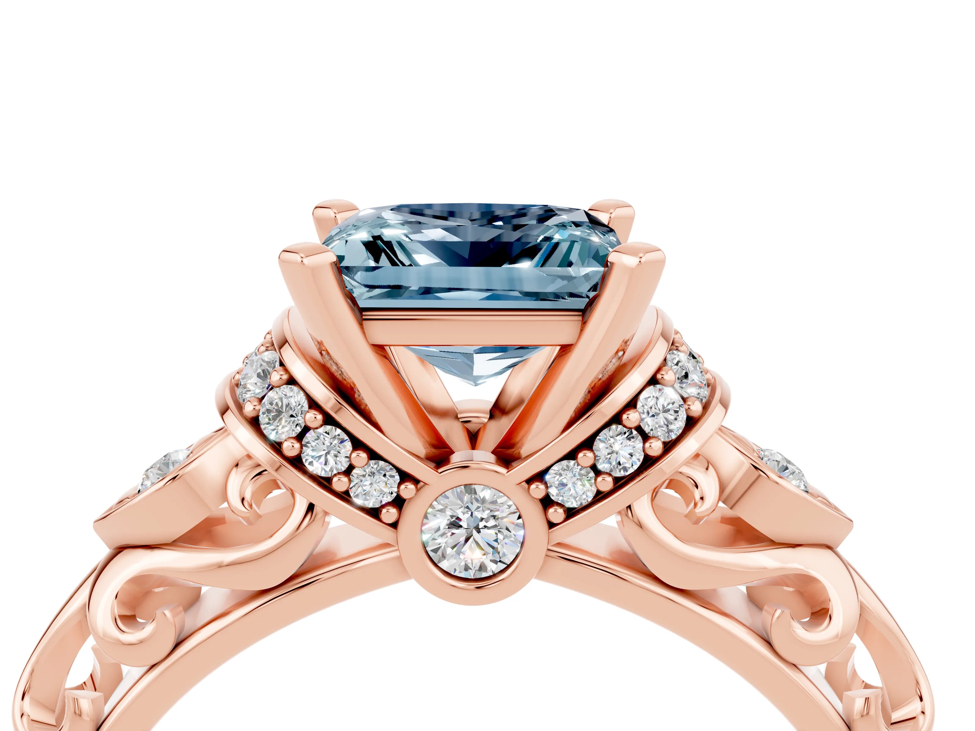 Rose gold Princess Cut Aquamarine Solitaire Ring with Filigree Band and Four-Prong Setting_40