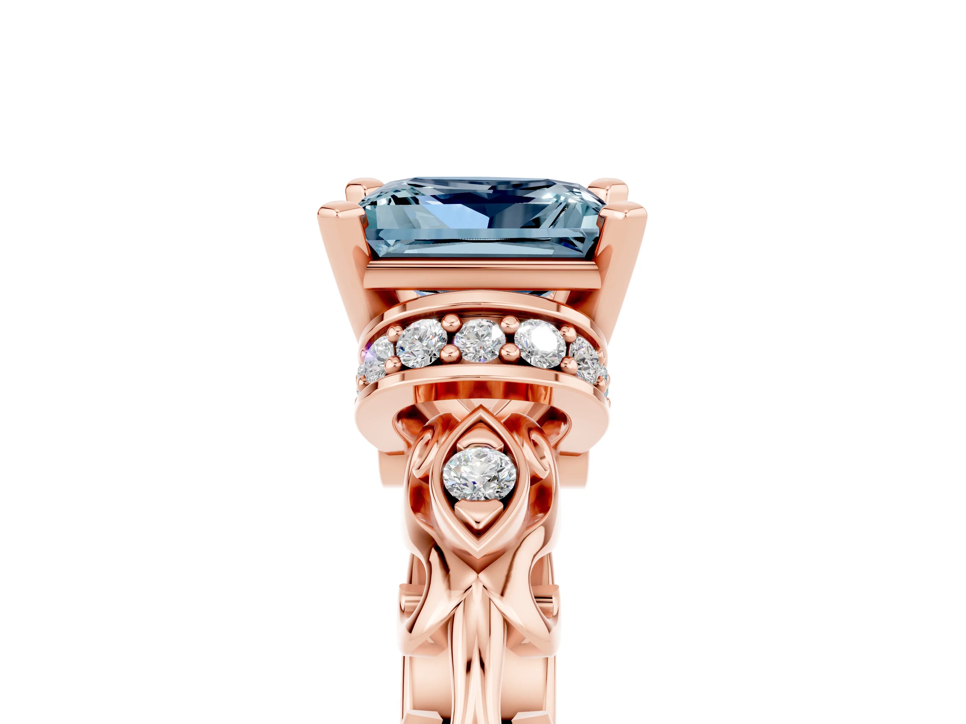 Rose gold Princess Cut Aquamarine Solitaire Ring with Filigree Band and Four-Prong Setting_41