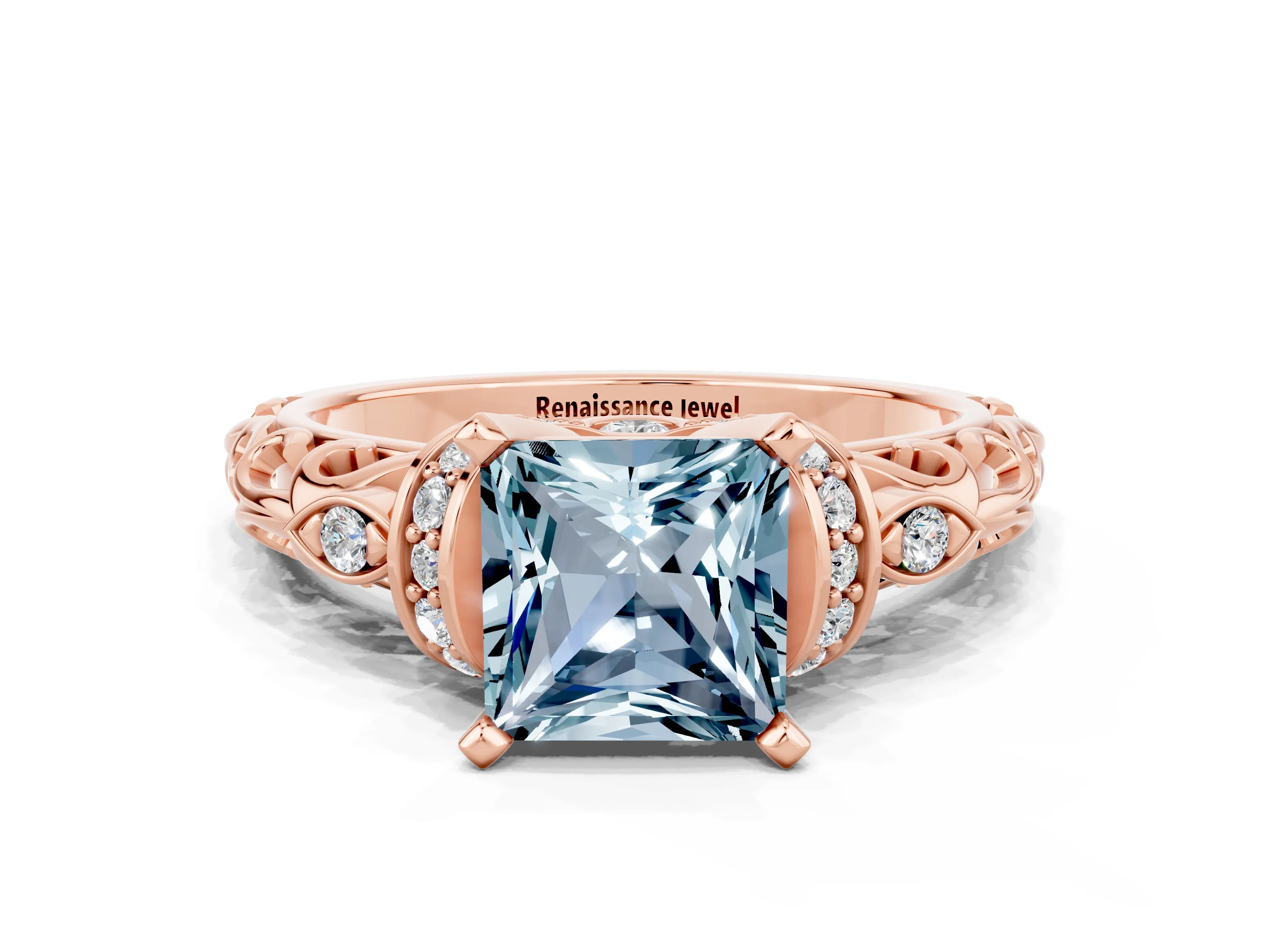 Rose gold Princess Cut Aquamarine Solitaire Ring with Filigree Band and Four-Prong Setting_48
