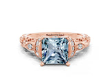Rose gold Princess Cut Aquamarine Solitaire Ring with Filigree Band and Four-Prong Setting_48