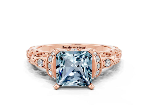 Rose gold Princess Cut Aquamarine Solitaire Ring with Filigree Band and Four-Prong Setting_48