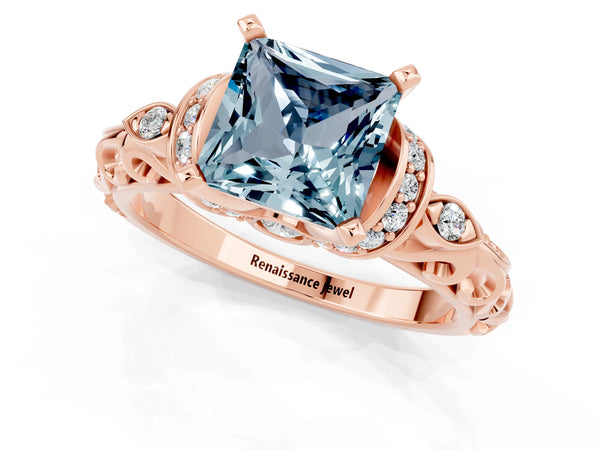 Rose gold Princess Cut Aquamarine Solitaire Ring with Filigree Band and Four-Prong Setting
