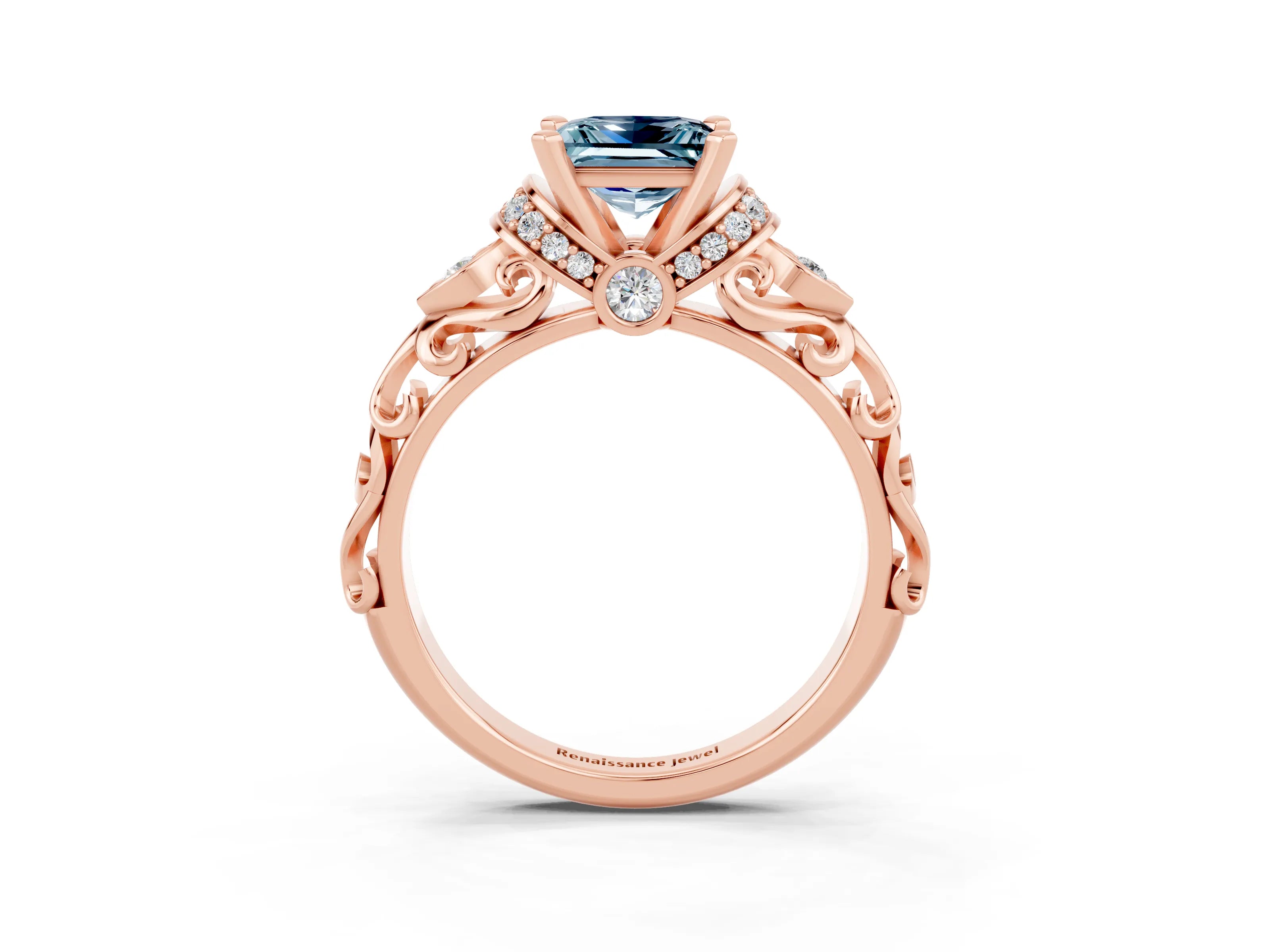 Rose gold Princess Cut Aquamarine Solitaire Ring with Filigree Band and Four-Prong Setting_51