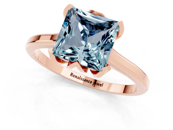 Rose gold Princess Cut Aquamarine Solitaire Ring with Flower Prong Setting and Classic Band