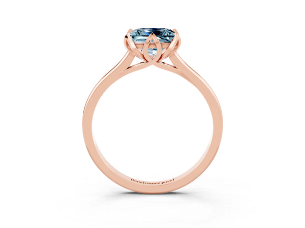 Rose gold Princess Cut Aquamarine Solitaire Ring with Flower Prong Setting and Classic Band