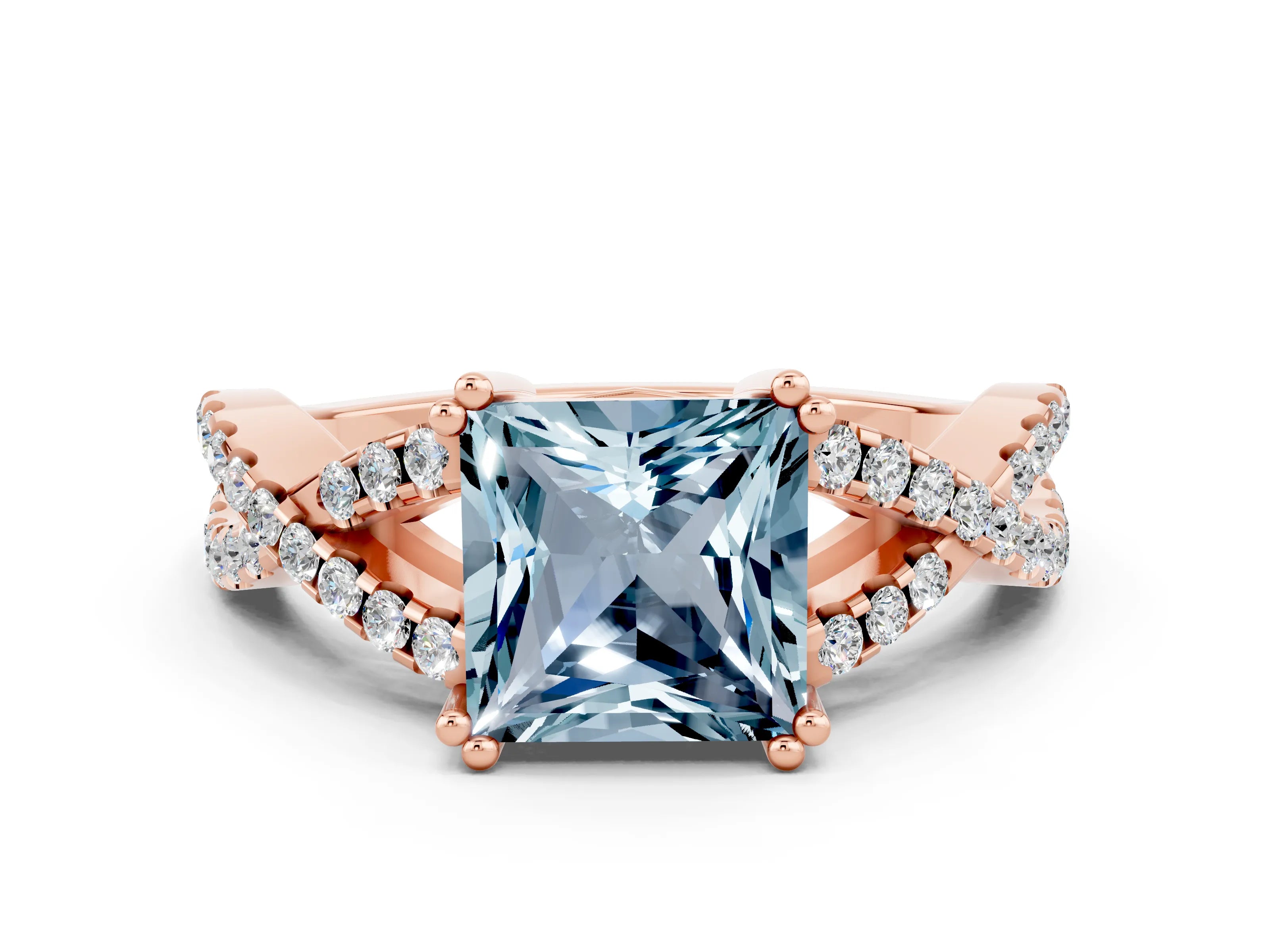 Rose gold Princess Cut Aquamarine Solitaire Ring with Four-Prong Setting and Twisted Pavé Band