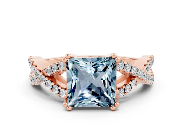 Rose gold Princess Cut Aquamarine Solitaire Ring with Four-Prong Setting and Twisted Pavé Band