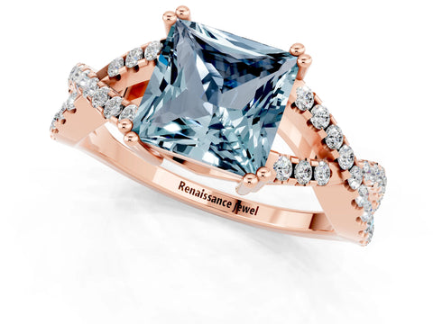 Rose gold Princess Cut Aquamarine Solitaire Ring with Four-Prong Setting and Twisted Pavé Band_1