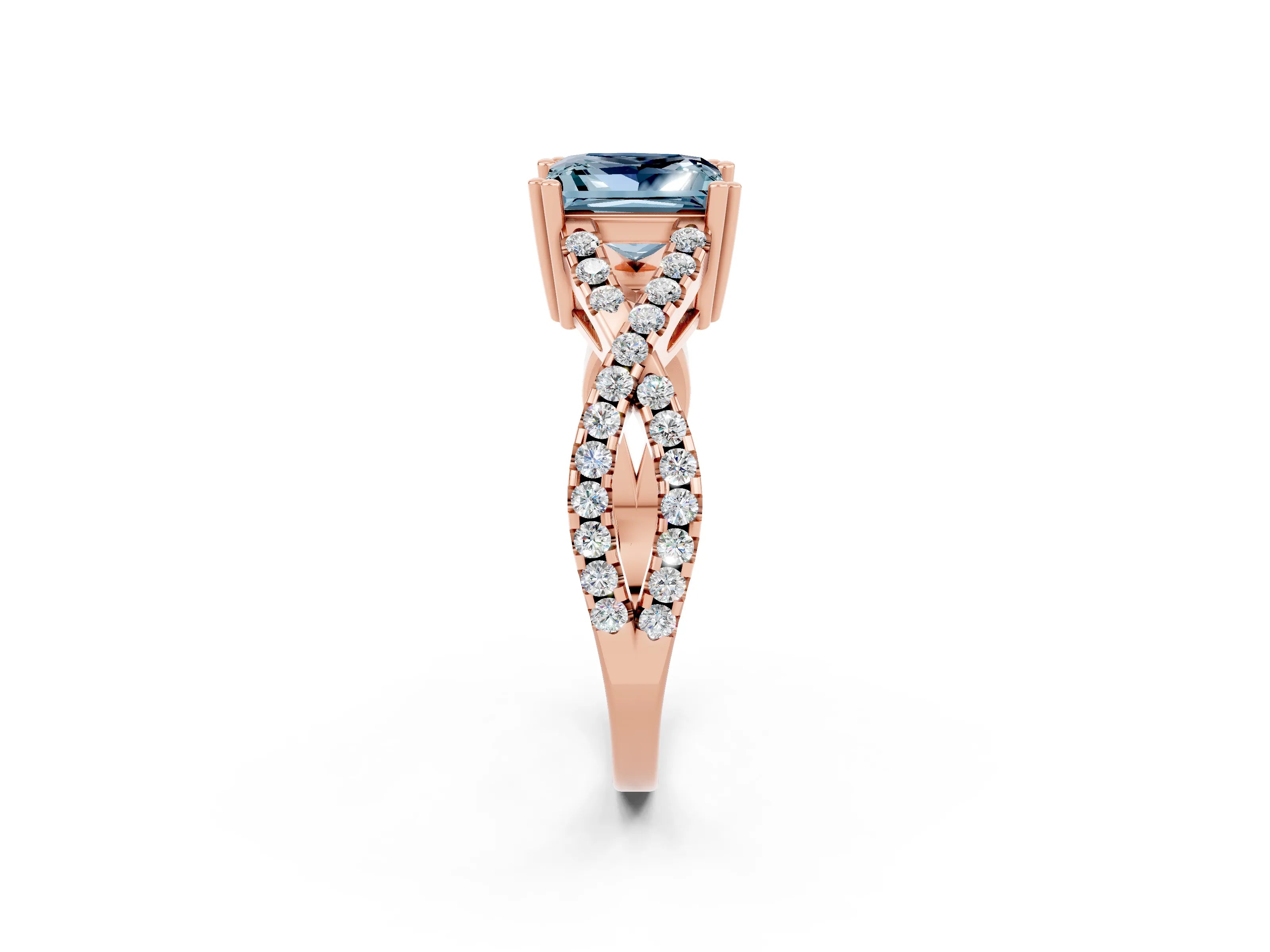 Rose gold Princess Cut Aquamarine Solitaire Ring with Four-Prong Setting and Twisted Pavé Band_2