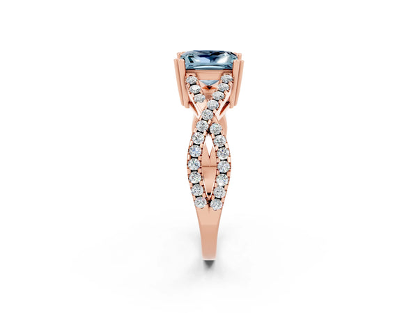 Rose gold Princess Cut Aquamarine Solitaire Ring with Four-Prong Setting and Twisted Pavé Band