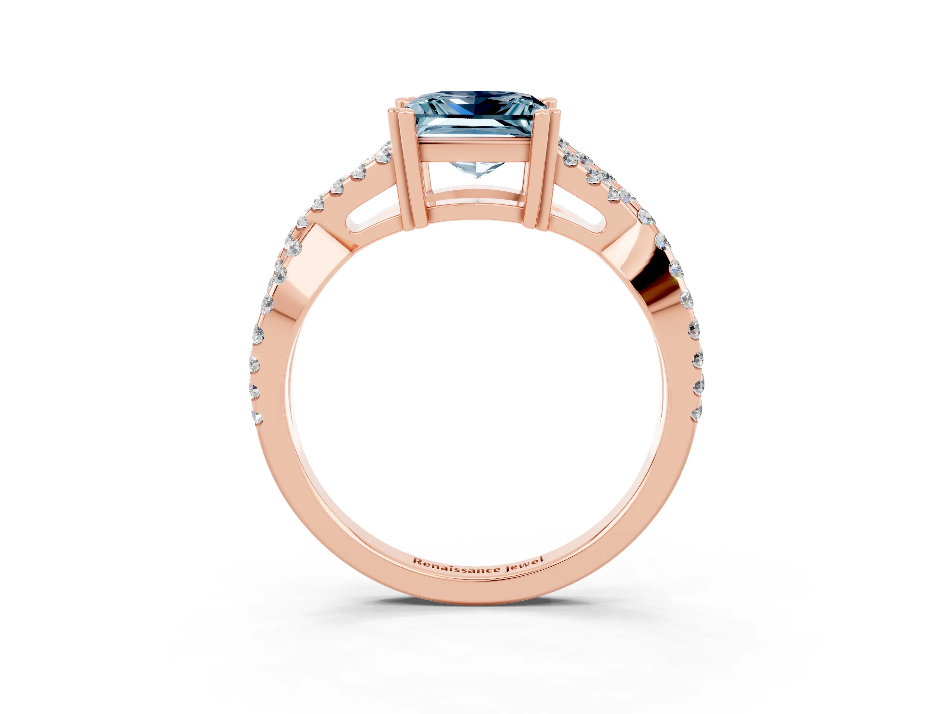 Rose gold Princess Cut Aquamarine Solitaire Ring with Four-Prong Setting and Twisted Pavé Band_3