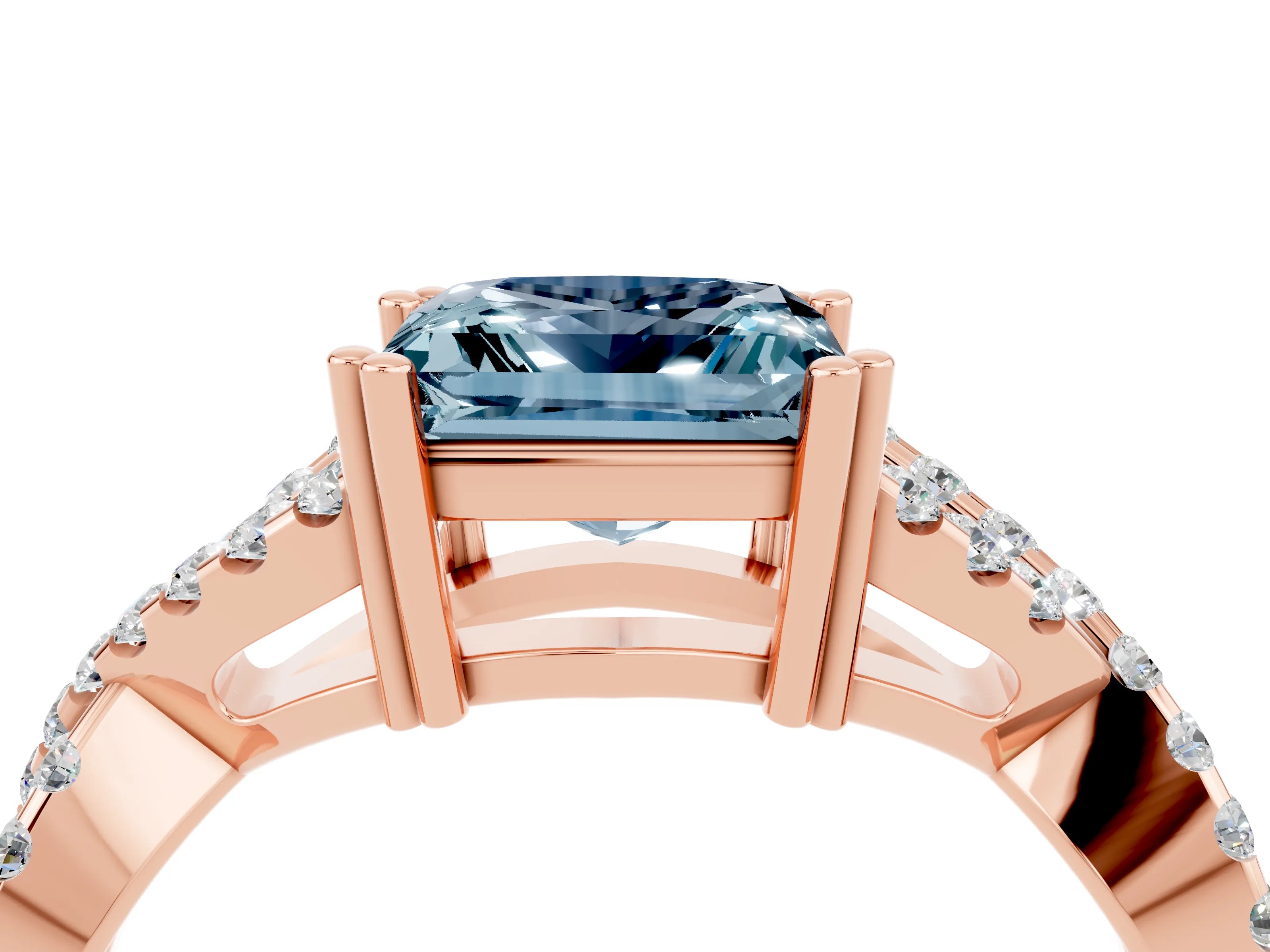 Rose gold Princess Cut Aquamarine Solitaire Ring with Four-Prong Setting and Twisted Pavé Band_4