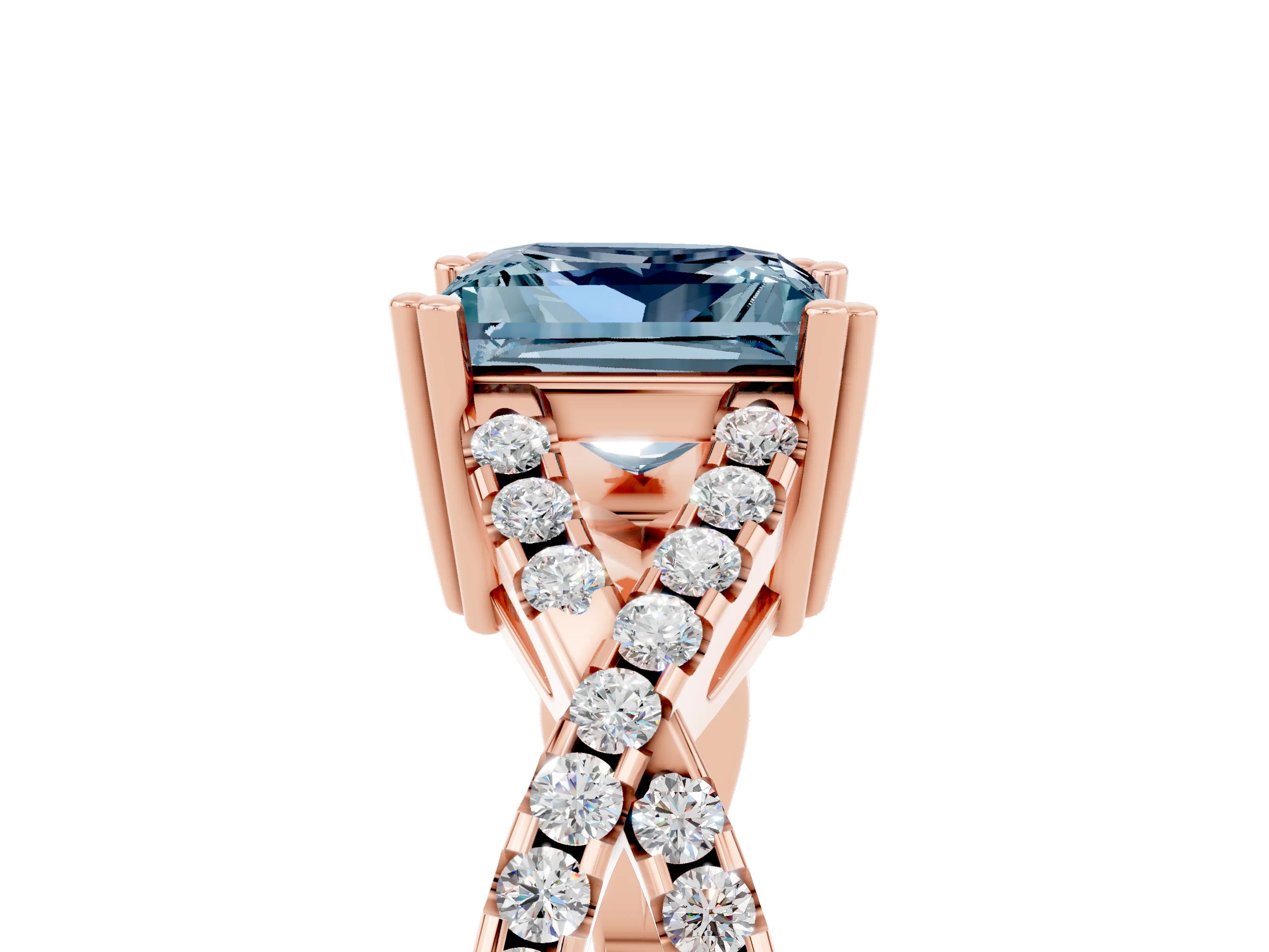 Rose gold Princess Cut Aquamarine Solitaire Ring with Four-Prong Setting and Twisted Pavé Band_5