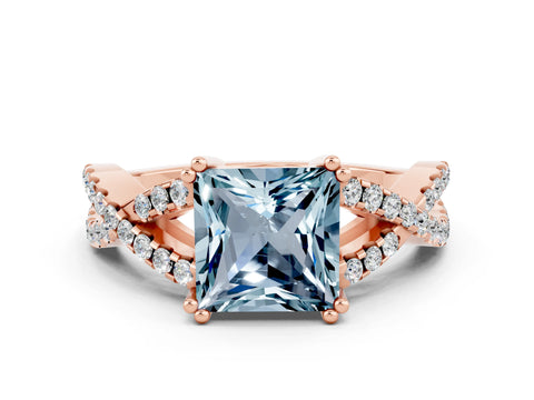 Rose gold Princess Cut Aquamarine Solitaire Ring with Four-Prong Setting and Twisted Pavé Band