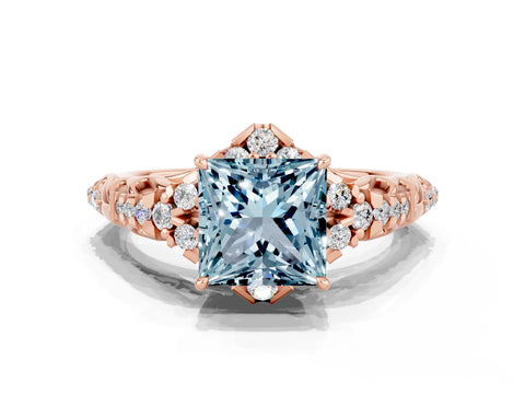 Rose gold Princess Cut Aquamarine Solitaire Ring with Hidden Halo and Pavé Band_12