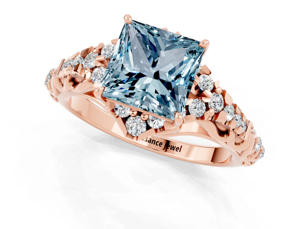 Rose gold Princess Cut Aquamarine Solitaire Ring with Hidden Halo and Pavé Band