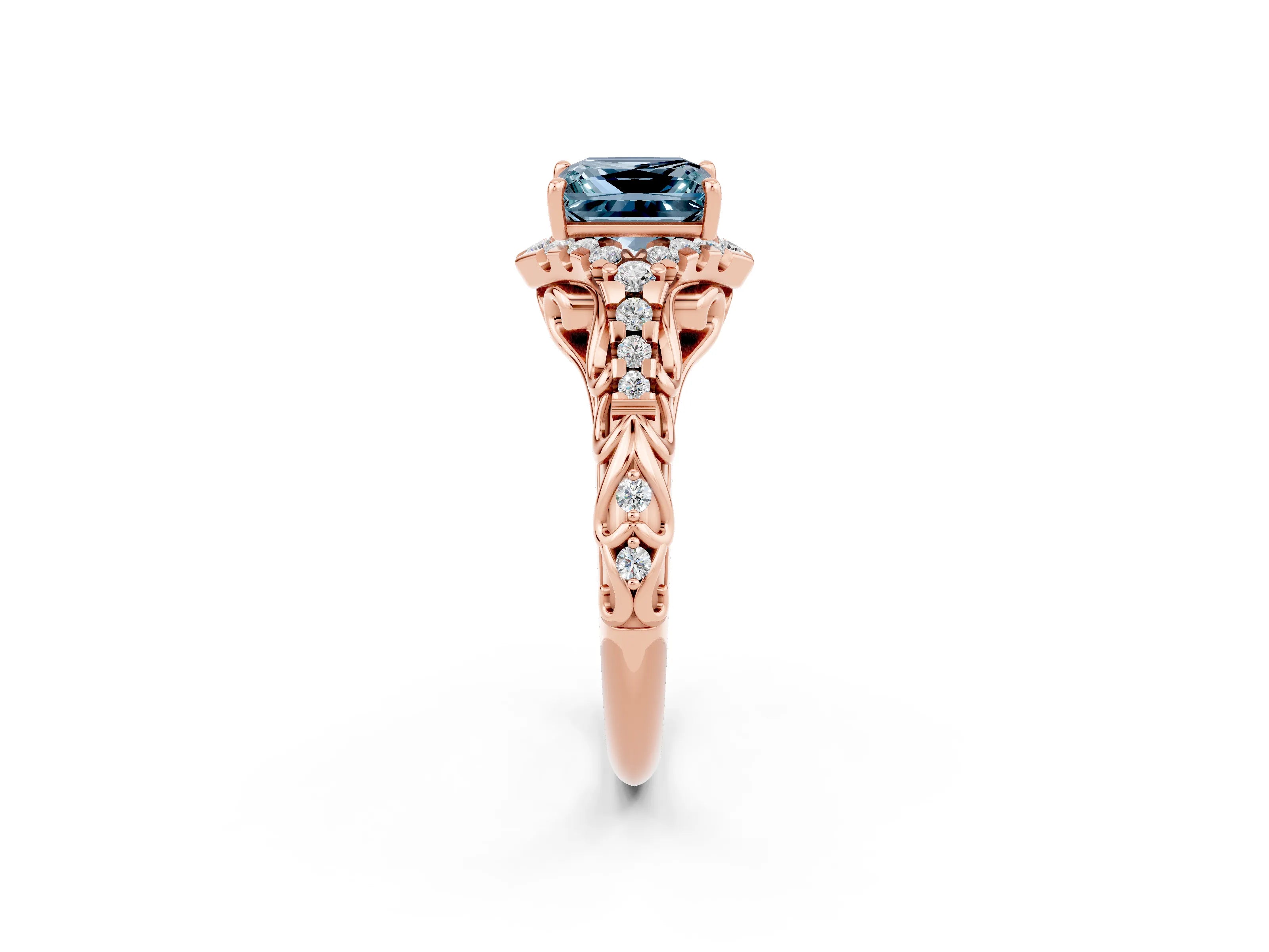 Rose gold Princess Cut Aquamarine Solitaire Ring with Hidden Halo and Pavé Band_14