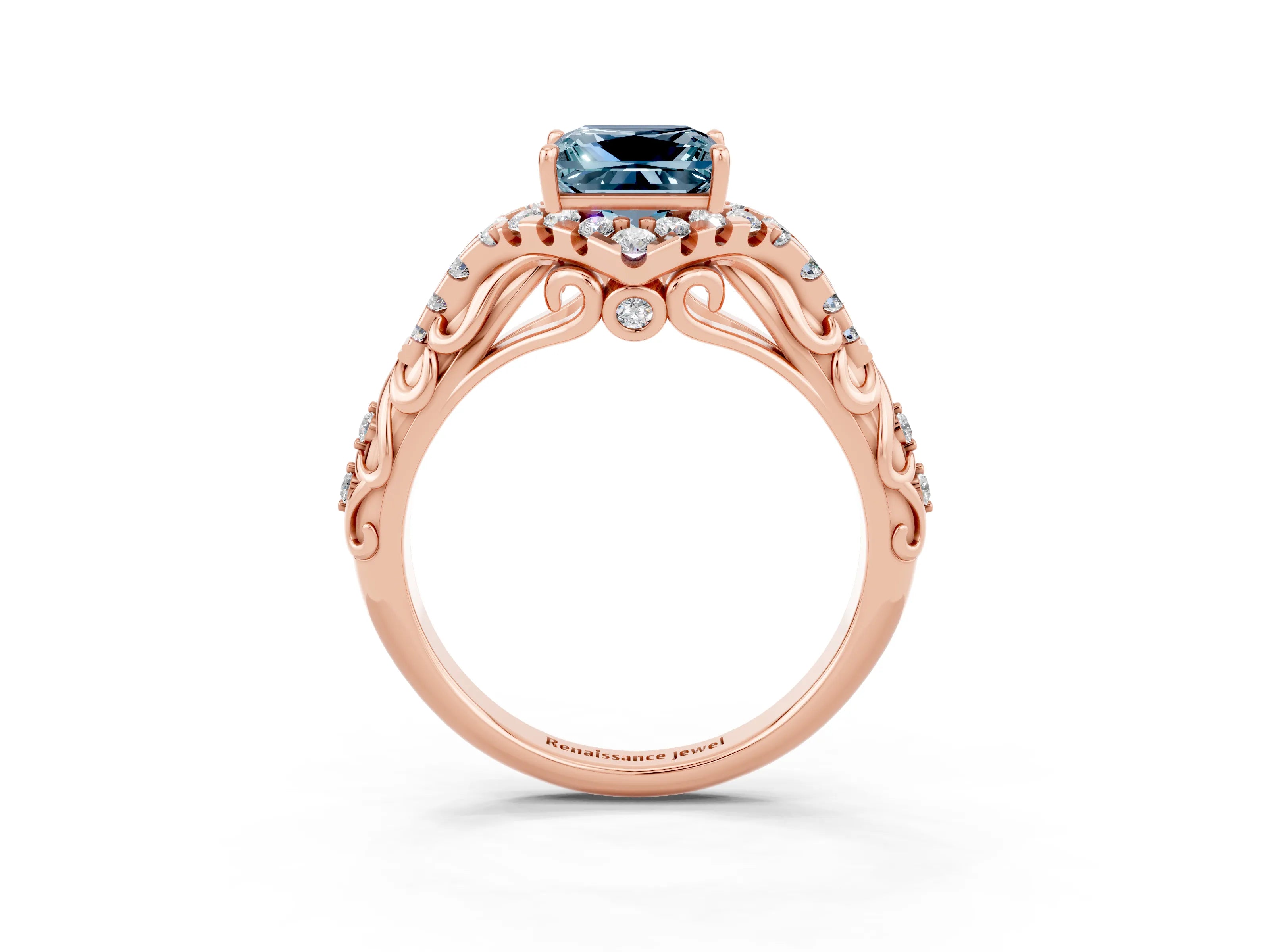 Rose gold Princess Cut Aquamarine Solitaire Ring with Hidden Halo and Pavé Band_15