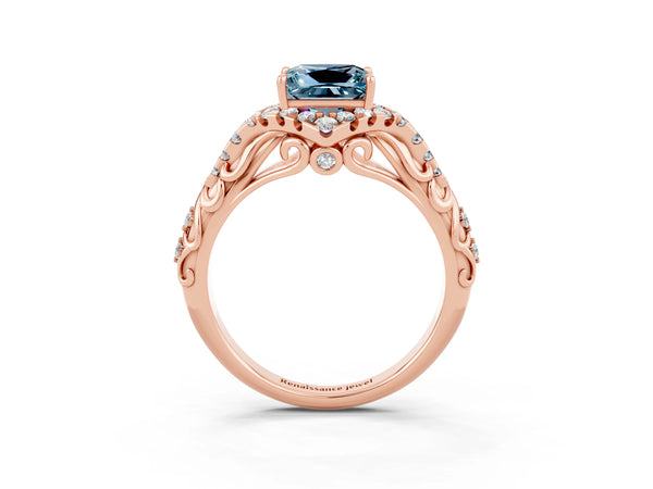 Rose gold Princess Cut Aquamarine Solitaire Ring with Hidden Halo and Pavé Band