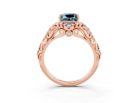Rose gold Princess Cut Aquamarine Solitaire Ring with Hidden Halo and Pavé Band_15