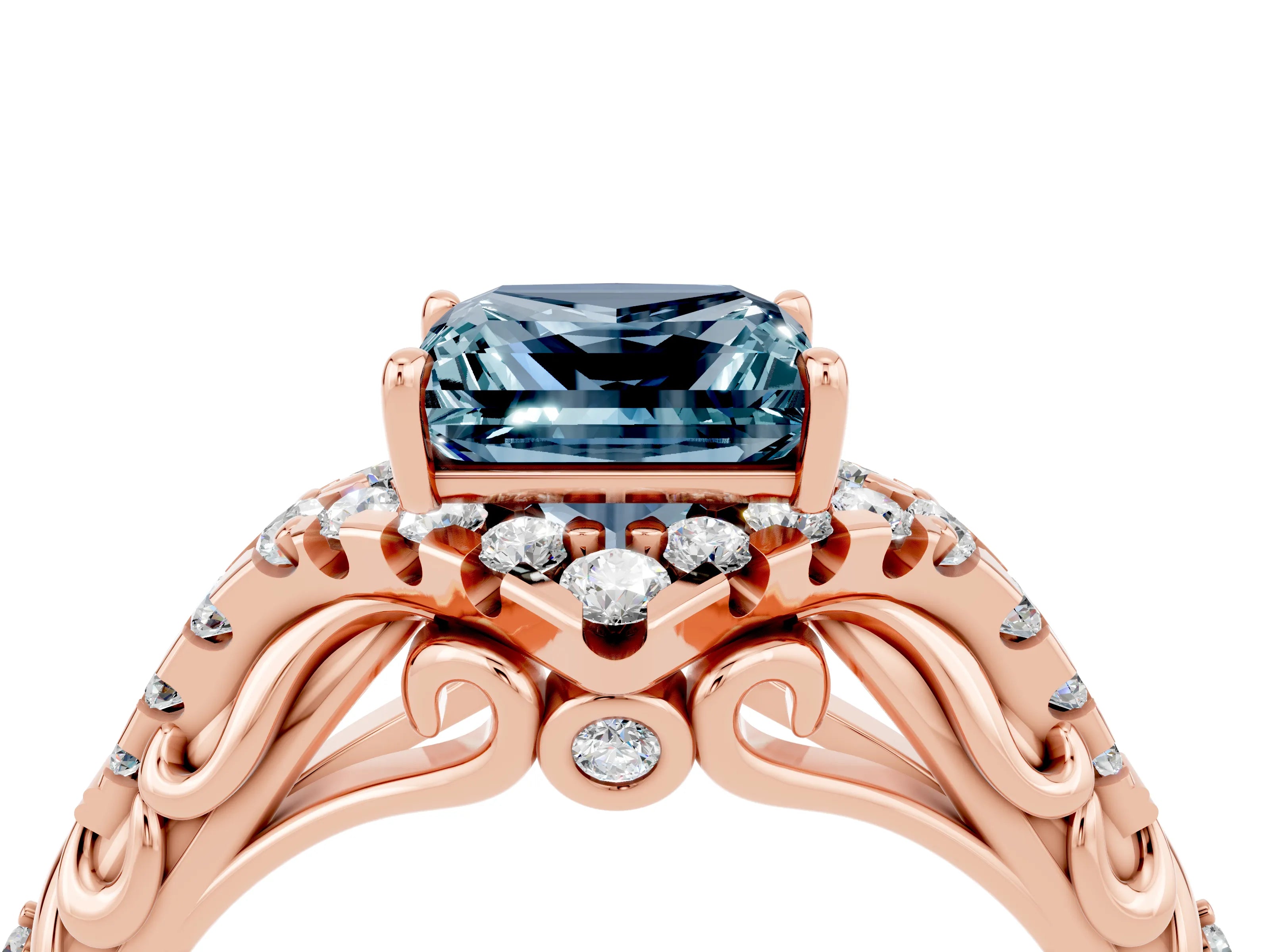 Rose gold Princess Cut Aquamarine Solitaire Ring with Hidden Halo and Pavé Band_16