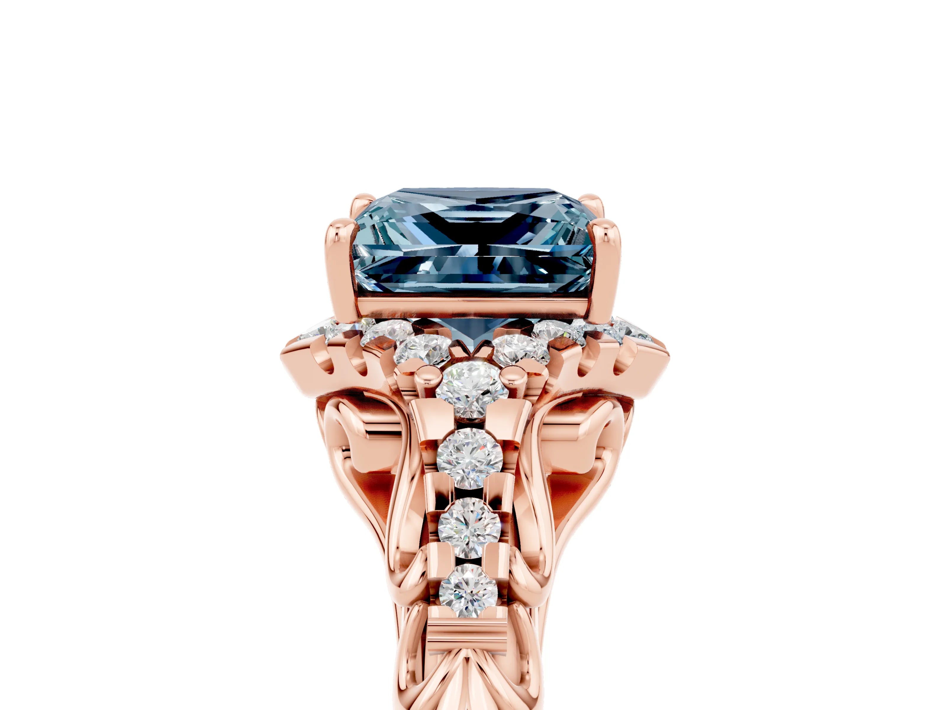 Rose gold Princess Cut Aquamarine Solitaire Ring with Hidden Halo and Pavé Band_17