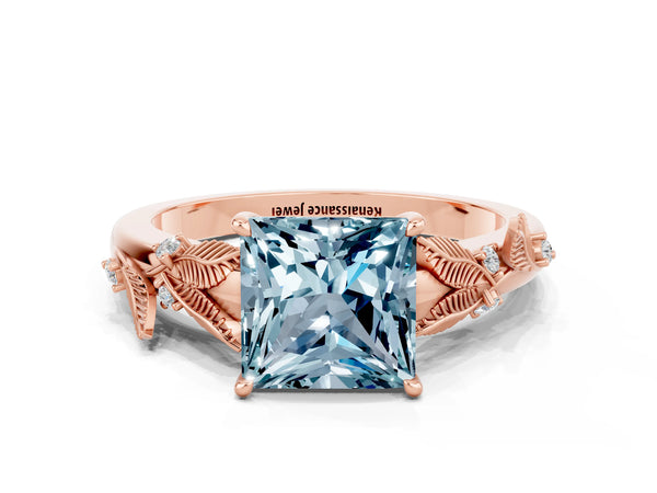 Rose gold Princess Cut Aquamarine Solitaire Ring with Leaf Motif Band and Four-Prong Setting