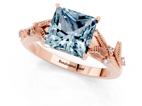 Rose gold Princess Cut Aquamarine Solitaire Ring with Leaf Motif Band and Four-Prong Setting