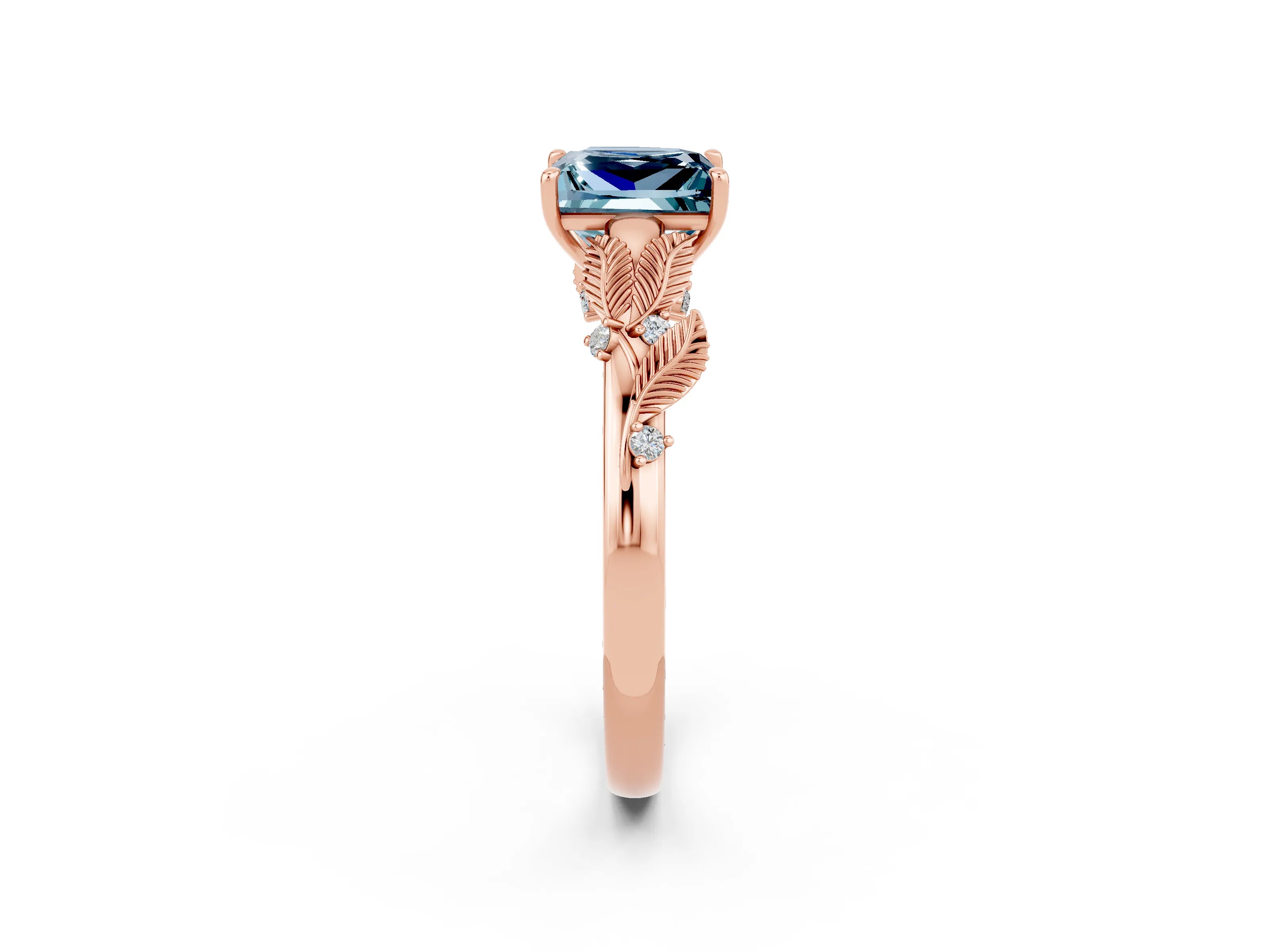 Rose gold Princess Cut Aquamarine Solitaire Ring with Leaf Motif Band and Four-Prong Setting_2