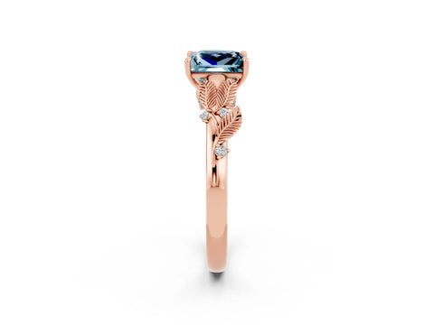 Rose gold Princess Cut Aquamarine Solitaire Ring with Leaf Motif Band and Four-Prong Setting_2