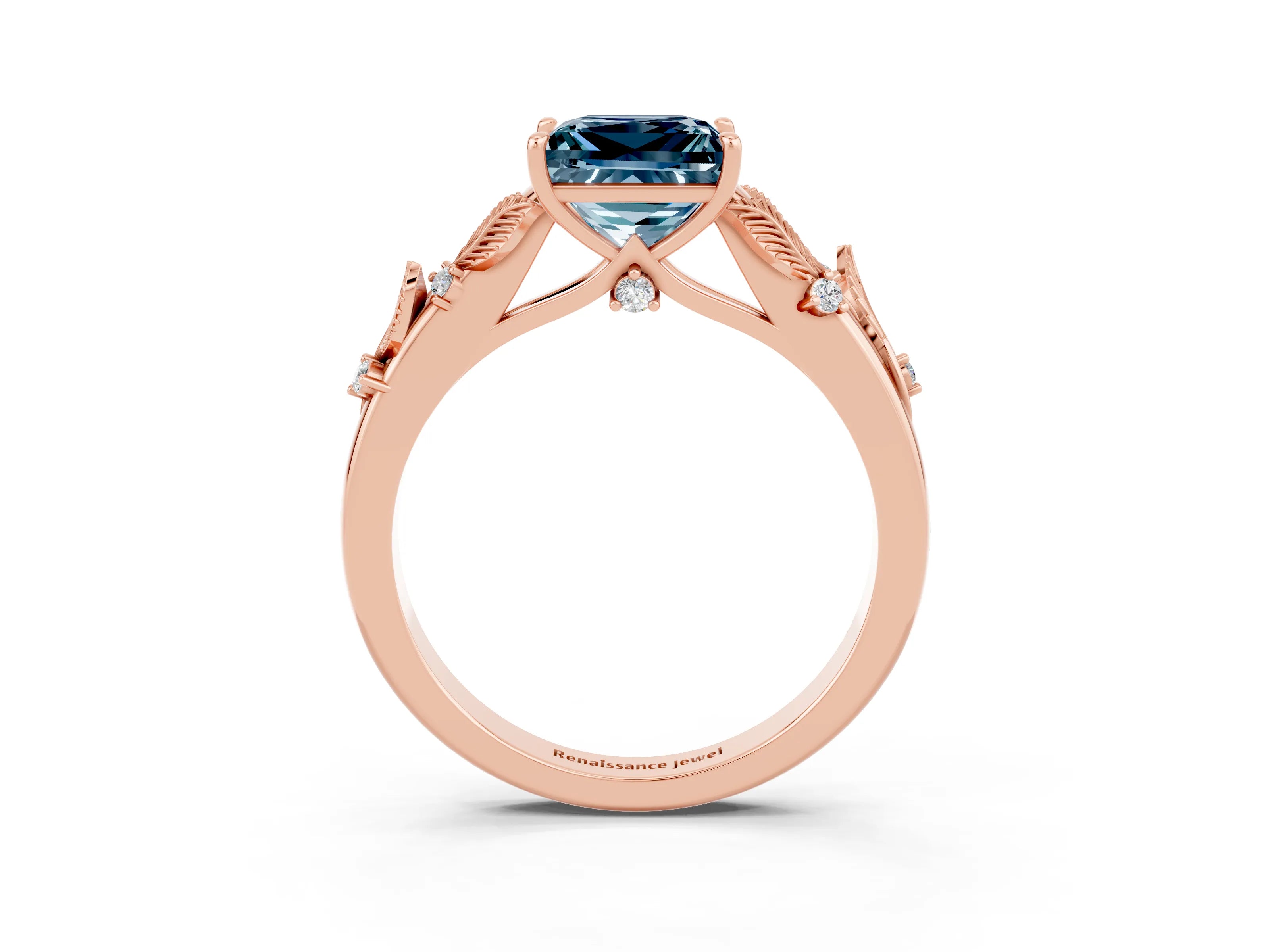 Rose gold Princess Cut Aquamarine Solitaire Ring with Leaf Motif Band and Four-Prong Setting_3