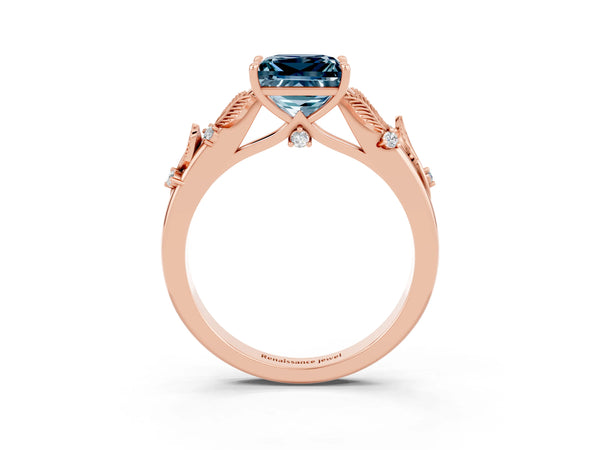 Rose gold Princess Cut Aquamarine Solitaire Ring with Leaf Motif Band and Four-Prong Setting