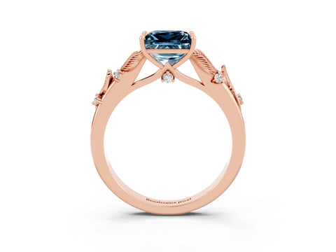 Rose gold Princess Cut Aquamarine Solitaire Ring with Leaf Motif Band and Four-Prong Setting_3