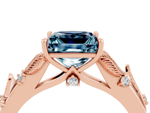 Rose gold Princess Cut Aquamarine Solitaire Ring with Leaf Motif Band and Four-Prong Setting_4