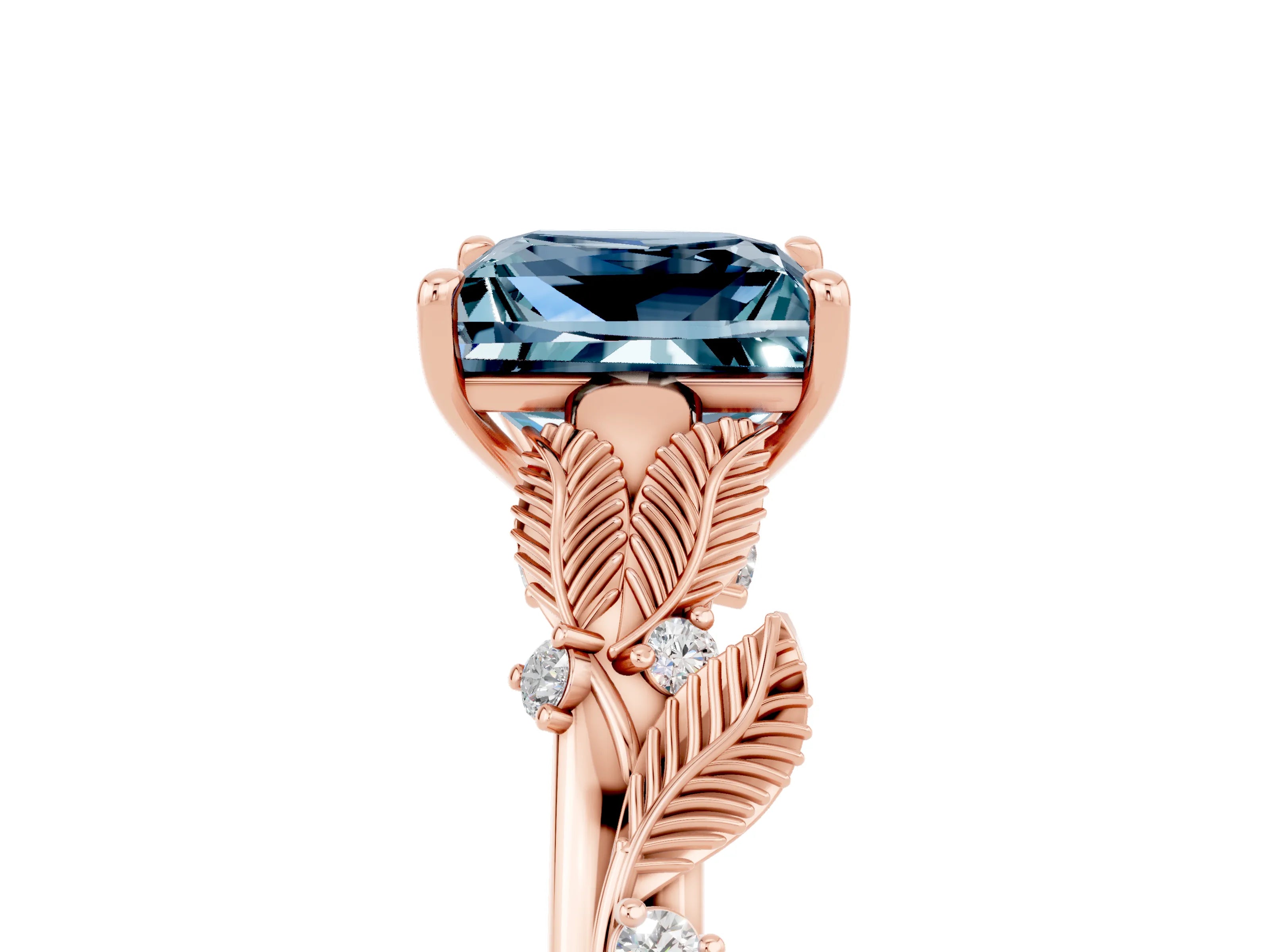 Rose gold Princess Cut Aquamarine Solitaire Ring with Leaf Motif Band and Four-Prong Setting_5