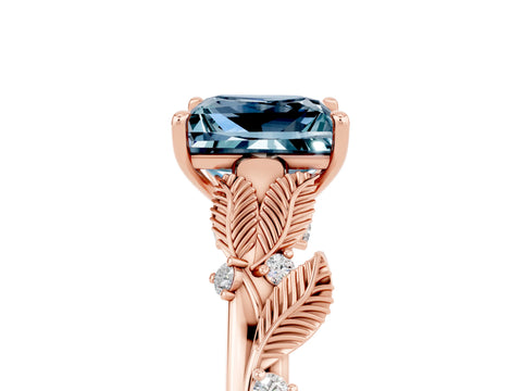 Rose gold Princess Cut Aquamarine Solitaire Ring with Leaf Motif Band and Four-Prong Setting_5