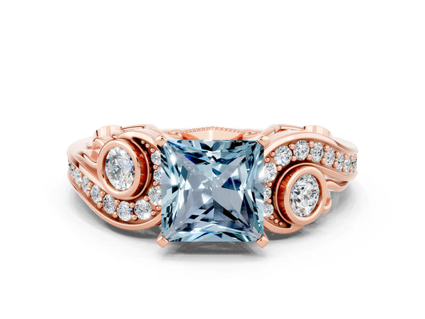 Rose gold Princess Cut Aquamarine Solitaire Ring with Milgrain Pavé Band and Four-Prong Setting