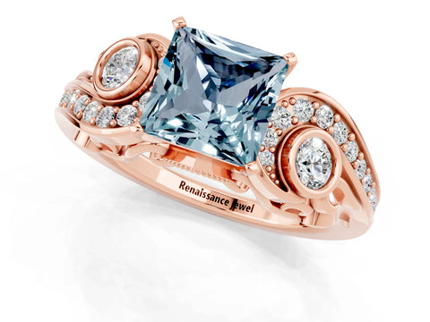 Rose gold Princess Cut Aquamarine Solitaire Ring with Milgrain Pavé Band and Four-Prong Setting_25
