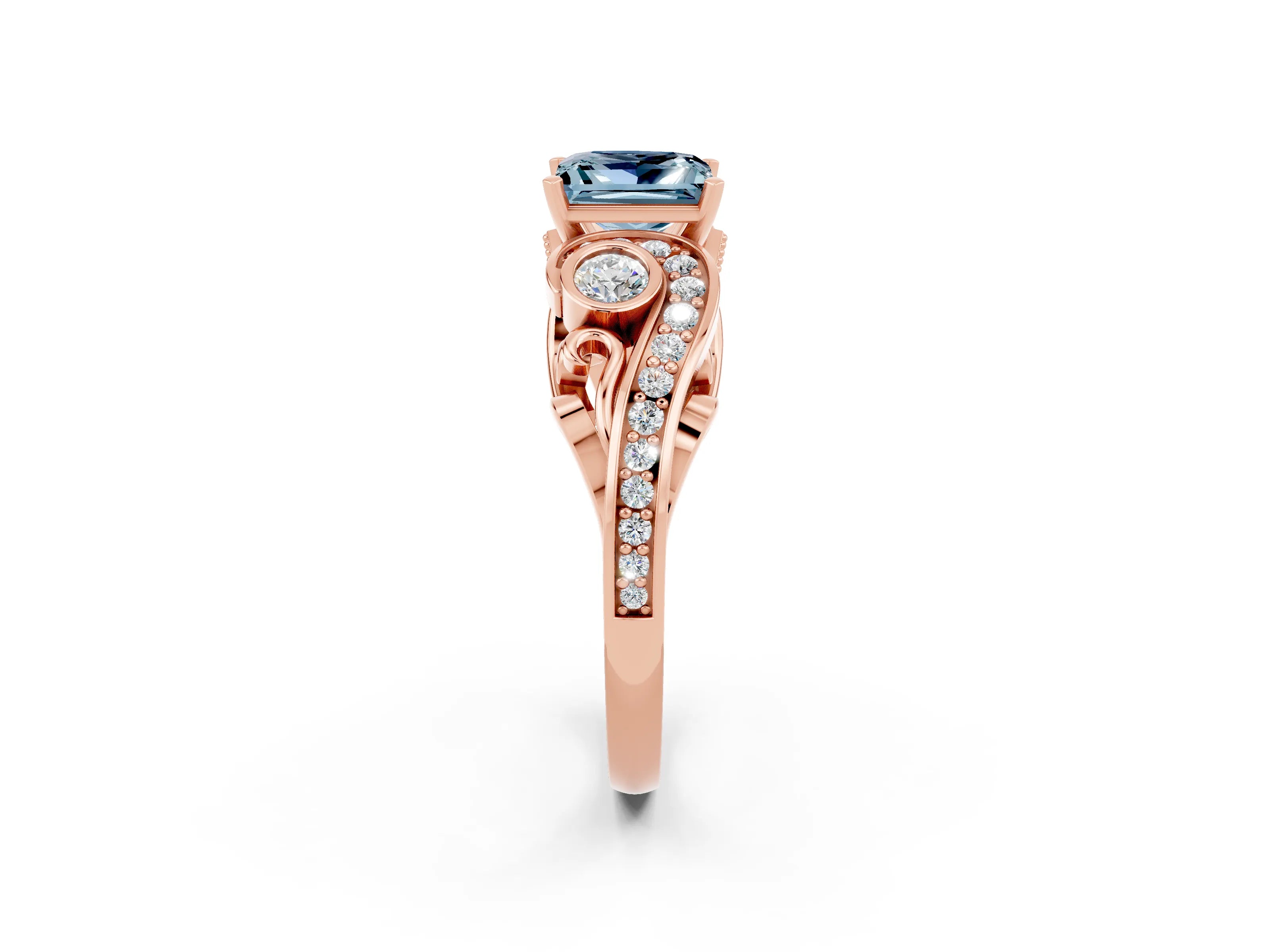 Rose gold Princess Cut Aquamarine Solitaire Ring with Milgrain Pavé Band and Four-Prong Setting_26