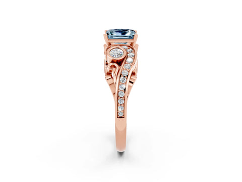 Rose gold Princess Cut Aquamarine Solitaire Ring with Milgrain Pavé Band and Four-Prong Setting_26
