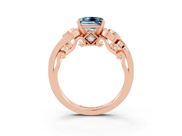 Rose gold Princess Cut Aquamarine Solitaire Ring with Milgrain Pavé Band and Four-Prong Setting