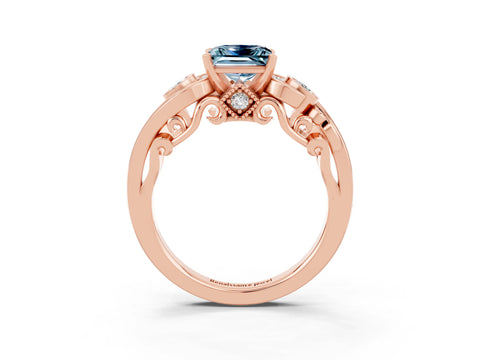Rose gold Princess Cut Aquamarine Solitaire Ring with Milgrain Pavé Band and Four-Prong Setting_27