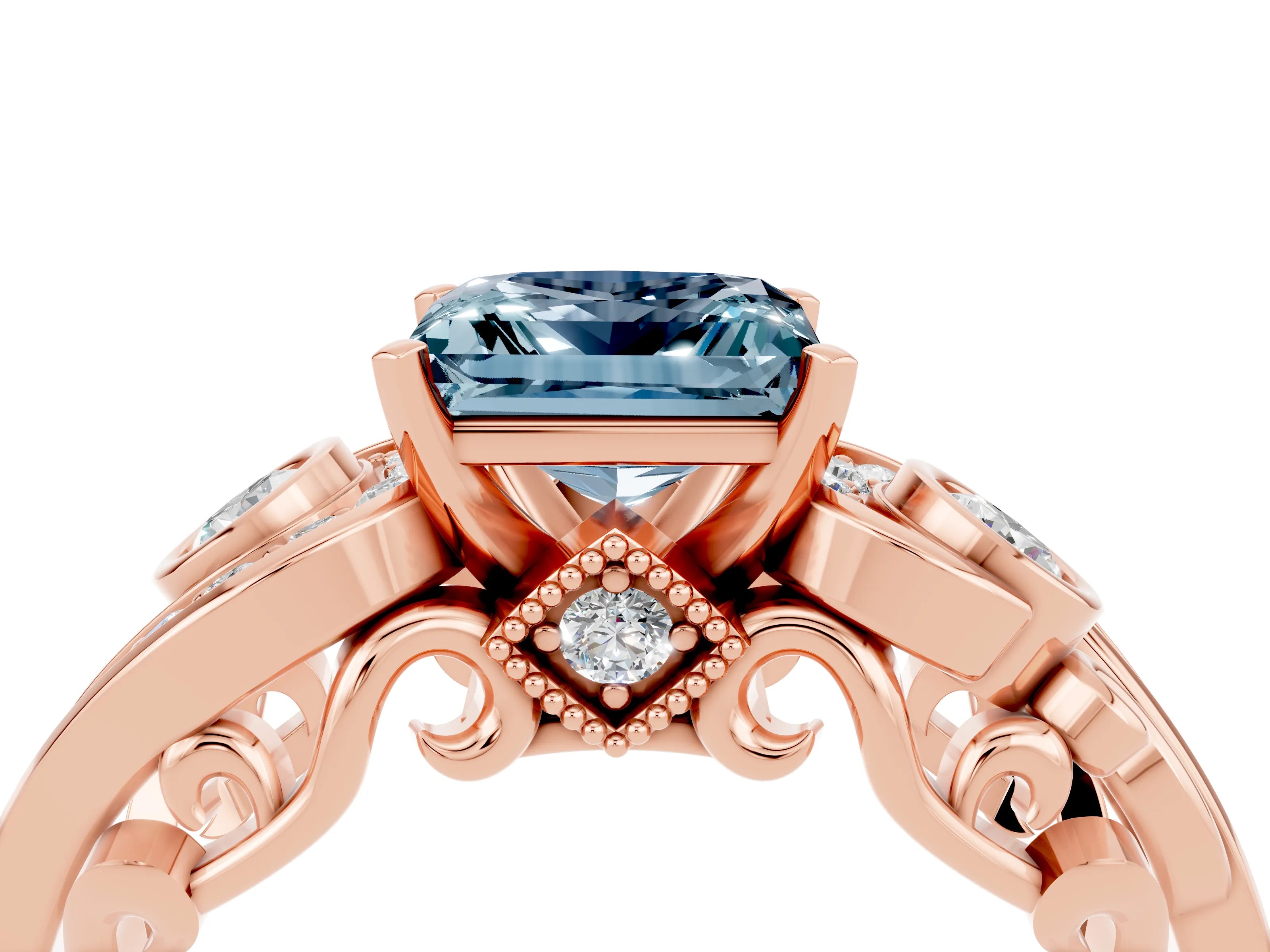 Rose gold Princess Cut Aquamarine Solitaire Ring with Milgrain Pavé Band and Four-Prong Setting_28