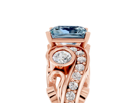 Rose gold Princess Cut Aquamarine Solitaire Ring with Milgrain Pavé Band and Four-Prong Setting_29