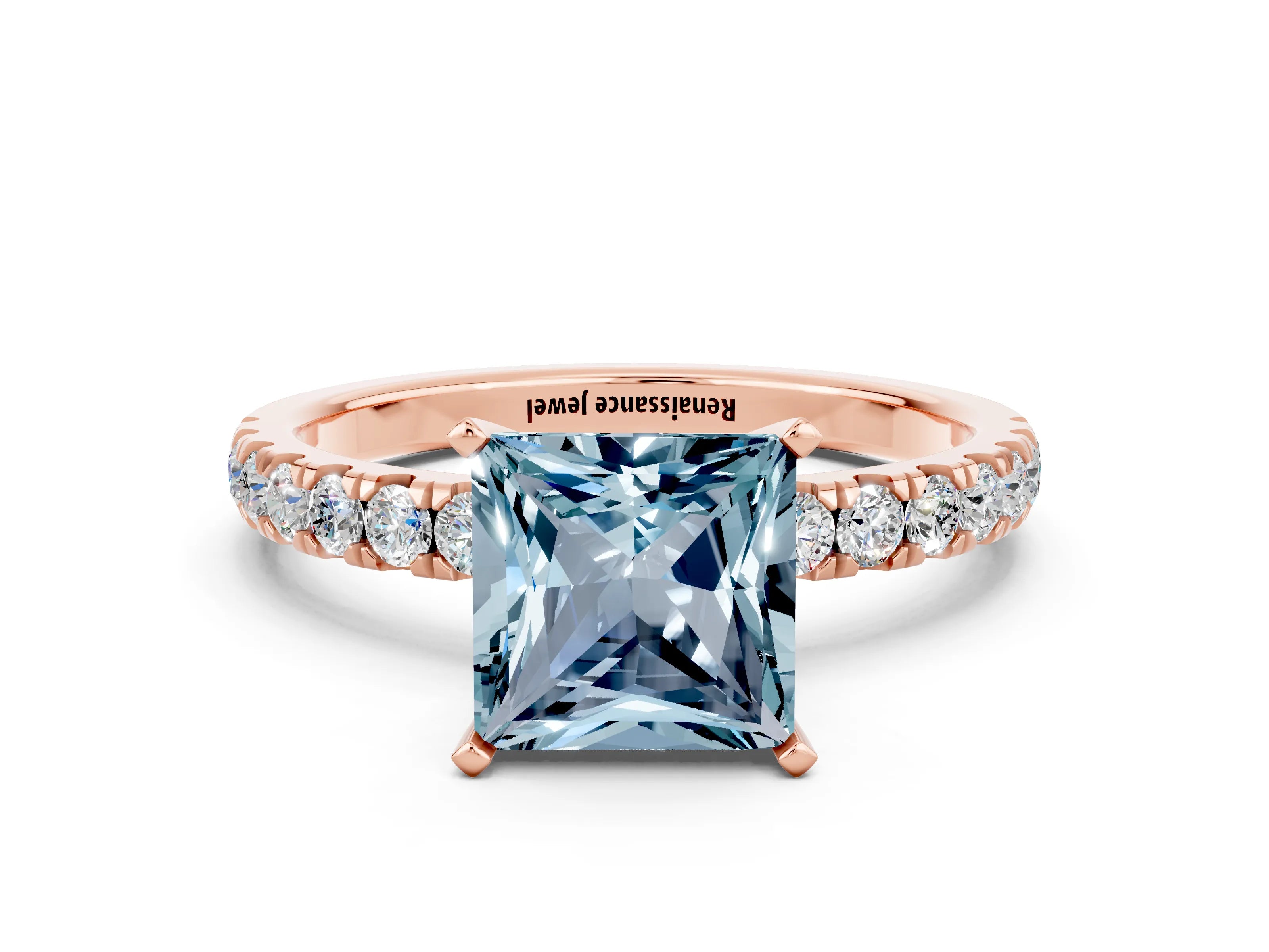 Rose gold Princess Cut Aquamarine Solitaire Ring with Pavé Accents and Four-Prong Setting