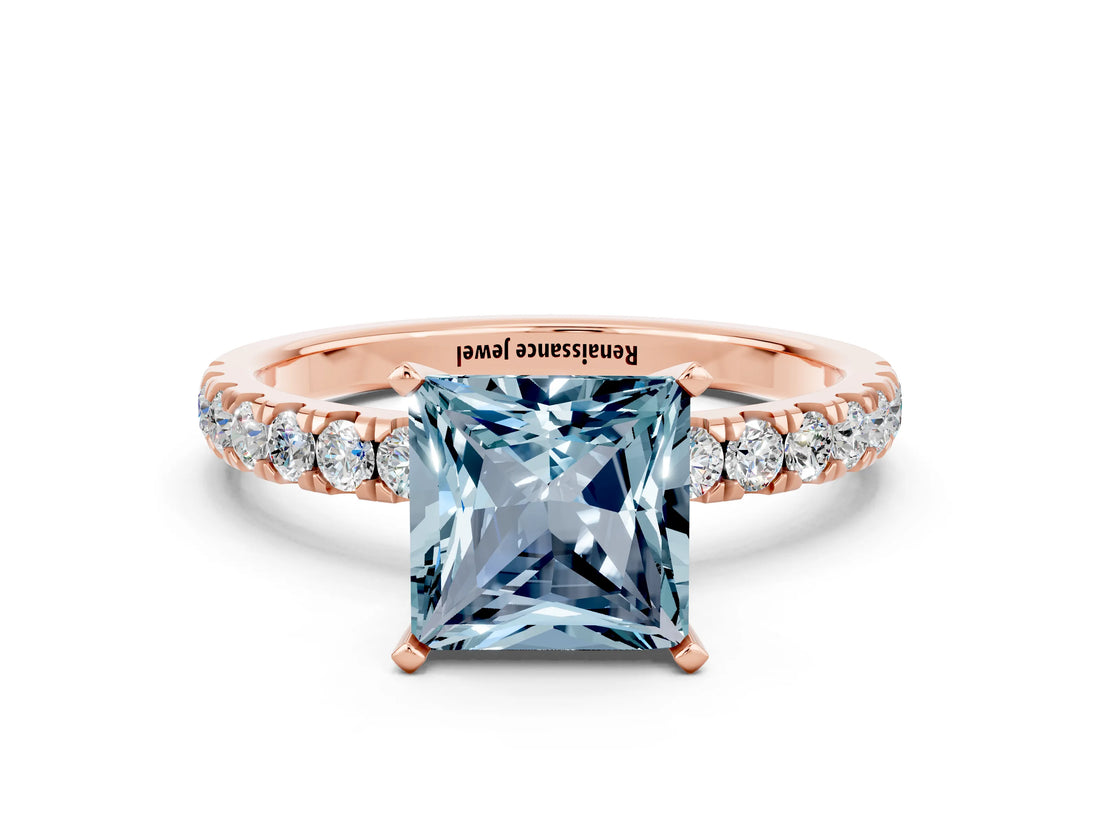 Rose gold Princess Cut Aquamarine Solitaire Ring with Pavé Accents and Four-Prong Setting